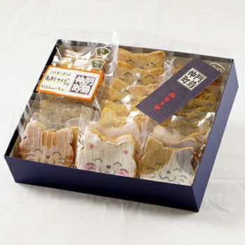 かわいい猫型煎餅の贈答品「にゃんべいと七福にゃんべいミックス箱」